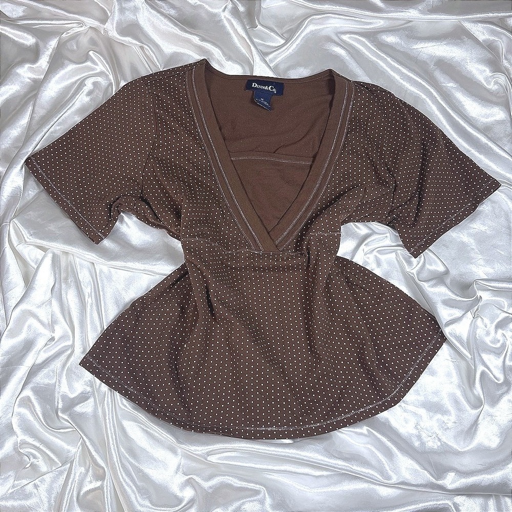y2k Polka Dot Top Brown Excellent Denim & Co V-Neck Faux Wrap Empire Waist 1X